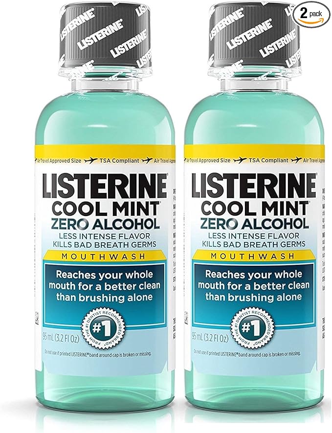 Listerine Cool Mint Zero Alcohol Mouthwash, Travel Size 3.2 Ounces (95ml) - Pack of 2