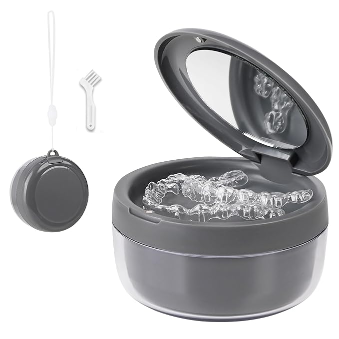 HEMILAB Denture Case, 2-in-1 Retainer Cleaner Case with Mirror & Strainer, Portable Aligner Bath Soaking Cup for Travel, Cute Orthodontic Storage Box for Mouth Guard, Night Guard & False Teeth, Grey