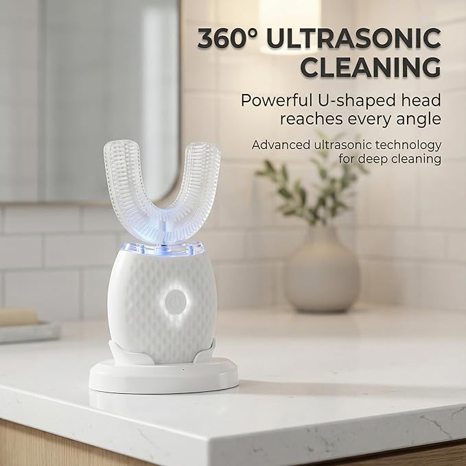 U-Shaped Electric Toothbrush for Adults, Hands-Free Auto Teeth Cleaner with 360° Ultrasonic & Foam Mousse, 4 Brush Heads, LED Light & Charging Base Kit (White)