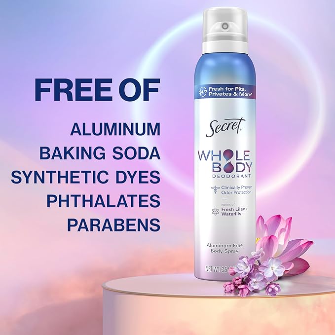 Secret Whole Body Deodorant Spray for Women, Fresh Lilac & Waterlily, Aluminum Free Deodorant Spray, 72 HR Odor Protection, 3.5 oz