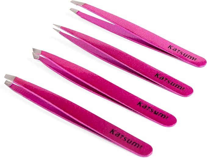 Katsumi Pinnacle 4-Piece Tweezers Set – Precision Stainless Steel Tweezers for Eyebrows, Facial Hair, Ingrown Hair, Splinters – Professional Beauty Kit Pink Gliiter