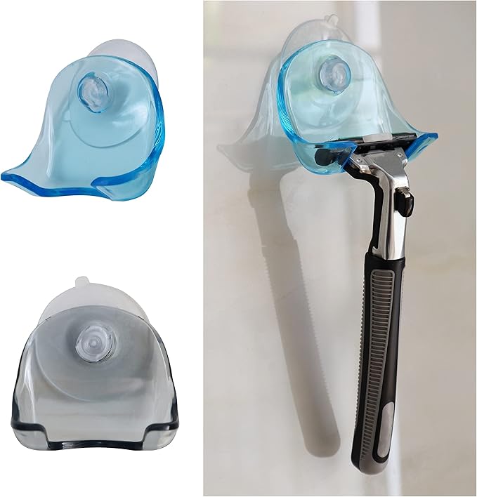 EIKS 2 Pack Portable Razor Holder Rack Shelves with Suction Cup Hooks Apply for Shower Bathroom Travel Wall Mounting Reusable
