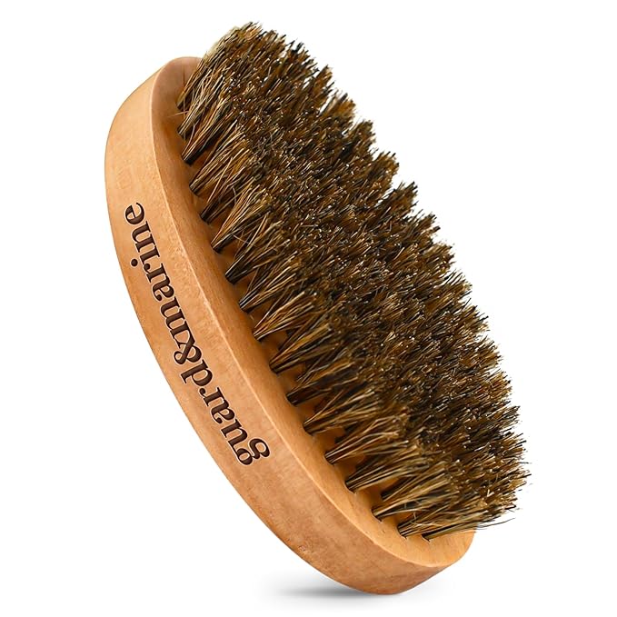 GUARD&MARINE 100% Boar Bristle Beard Brush for Men – Medium Firm Military Style Brush for Short Beard, Mustache & Waves – Natural Wooden Handle Grooming Brush