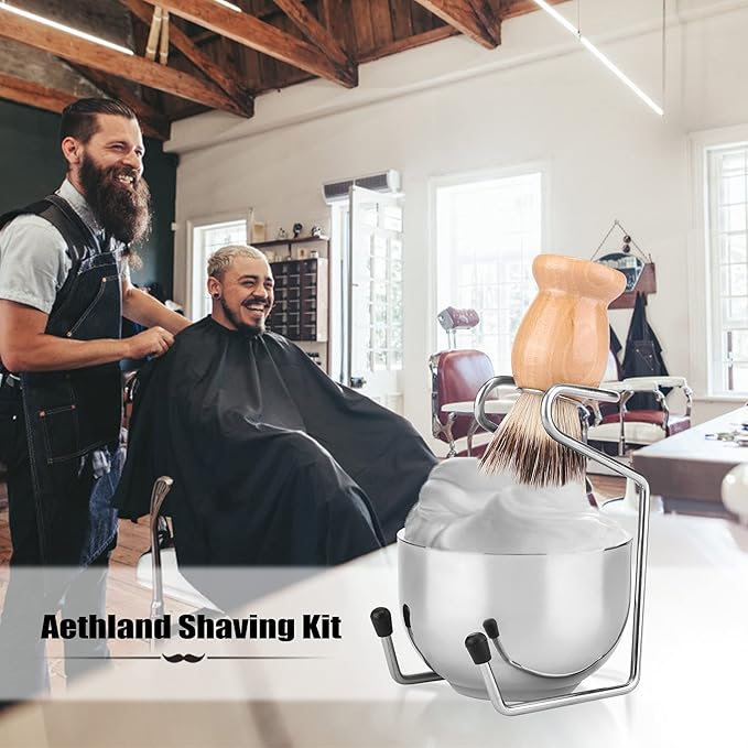 Aethland Shaving Brush Set for Men, 4 in1 Include 100g Shaving soap, Badger Shaving Brush and Stainless Steel Shaving Stand & Shaving Bowl for Husband Birthday Boyfriend Father's Day Gifts（Upgrade W)