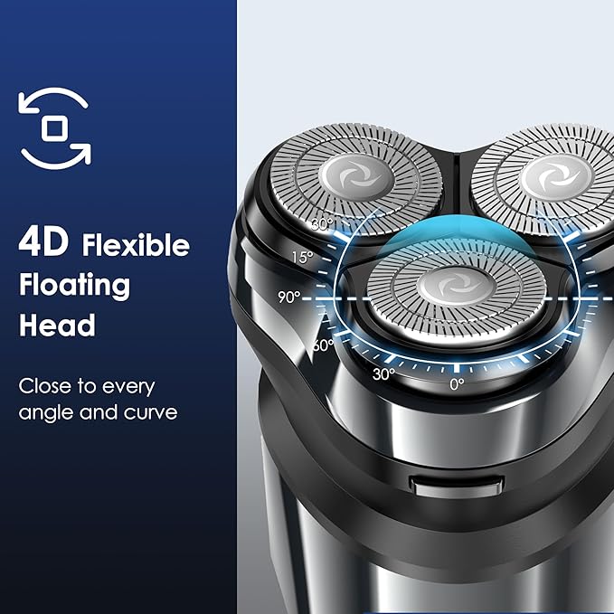 Electric Rechargeable Shaver for Men,Wet & Dry Electric Razor, IPX7 Waterproof Rotary Shaver for Men,4D Floating Head, LED Display,Type-C, Travel-Friendly,Grayish Silver