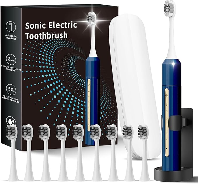 Sonic Electric Toothbrush for Adults & Kids - 10 Brush Heads, 90-Day Battery, 5 Modes, 2-Min Timer, IPX8 Waterproof, Rechargeable & Travel-Friendly (Blue)
