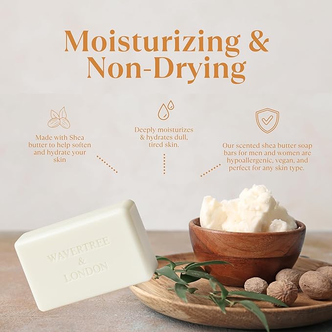Wavertree & London Sandalwood & Patchouli Scented Natural Soap (2 Bars), 7oz Moisturizing French Triple Milled Soap Bars enriched with shea butter - Pure Plant Oil Bath & Body Bars for All Skin Types