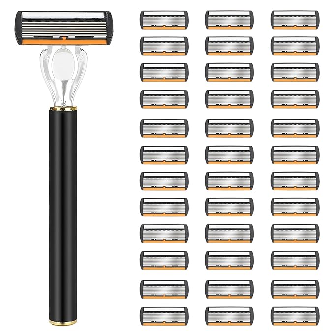 Men's Safety Razor with 24/36 Replacement Blades, Stainless Steel Double Layer Manual Shaving Razor, Long Handle Non-Slip Grip, Portable Travel Razor for Beards and Facial Hair (36)