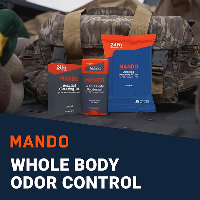 Mando Whole Body Deodorant 3 Piece System - 2.6 oz Smooth Solid Stick, 5.0 oz 4in1 Acidified Cleansing Bar, & 15 ct Deodorant Wipes - Aluminum & Baking Soda Free Odor Control - 3 pc Bundle (Mt Fuji)