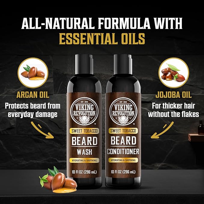Viking Revolution Beard Wash and Beard Conditioner for Men with Argan Oil and Jojoba Oil - Beard Softener and Strengthener Beard Care Beard Shampoo and Conditioner with Beard Oil (10oz, Sweet Tobacco)