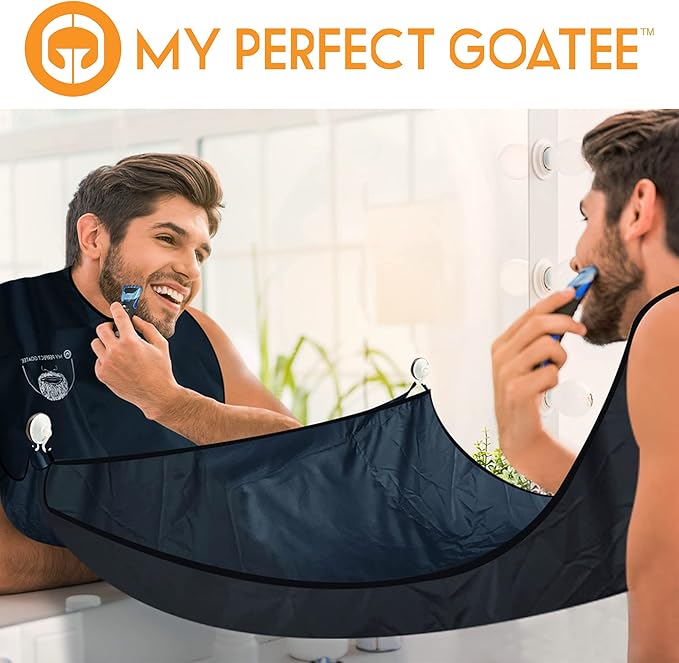 My Perfect Goatee Beard Bib Apron for Men - Hair Clippings Catcher for Shaving - Attaches to Mirror with Suction Cups - Waterproof Cape with Storage Pouch - Adjustable Neck Strap