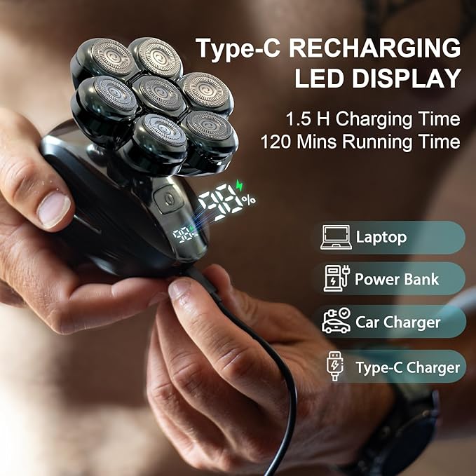 Head Shavers for Bald Men: Upgraded Detachable Head Shaver - IPX7 Waterproof Wet or Dry Electric Razor for Men - 7D LED Display Rechargeable Shaving Grooming Kit with Type-C, Valentine's Day Gifts