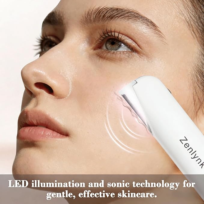Vibration-Assisted Manual Dermaplane Razor for Women Face, Zenlynk Facial Exfoliator & Peach Fuzz Trimmer with 3 Vibration Modes, LED Light, 5 Replacement Blades & Exfoliating Scrubber, White