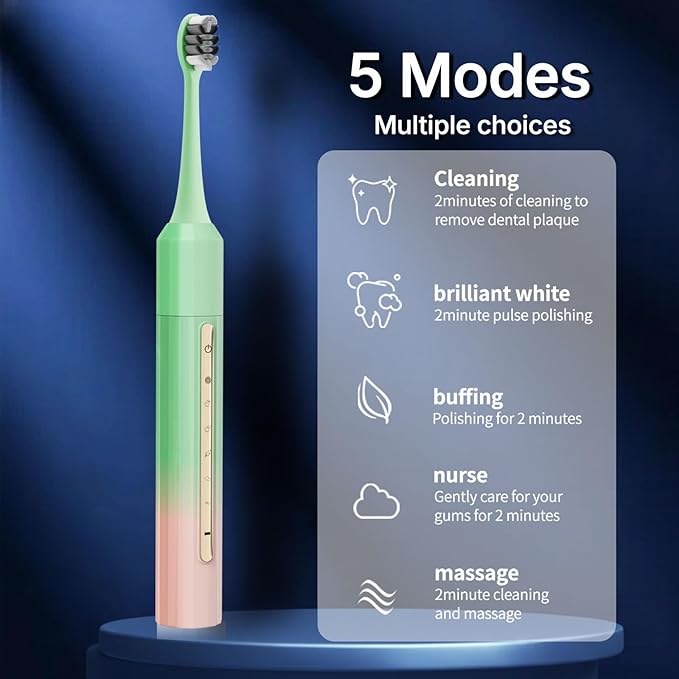 Sonic Electric Toothbrush 42000 Vibrations with 10 Brush Heads Suitable for Adults 90 Days of Use on a Single Charge,5 Modes Built-in 2-Minute Smart Timer, IPX8 Rated Waterproof (Green Pink)