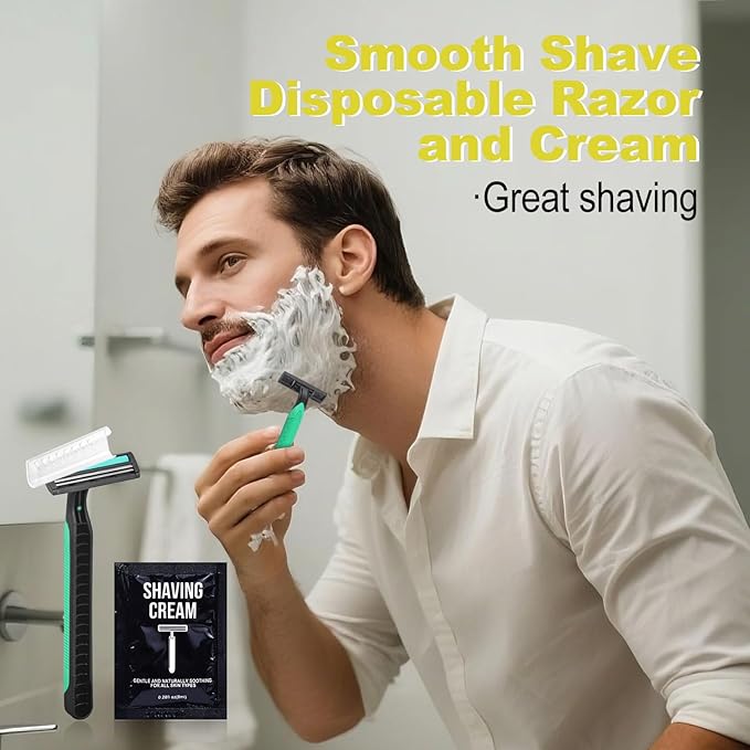 Disposable Razors in Bulk Razors and Shaving Cream Bulk,Shave Kit in Bulk Twin Blade Razors with Protective Cap for Hotel, Airbnb, Homeless, Shelter, Camping and Travel (120)