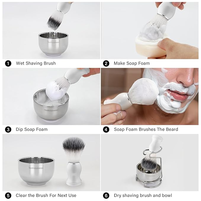 Shaving Brush Kit for Men, 3 in 1 Shaving Brush Set Includes Nylon Bristles Shaving Brush, 3 Layers Stainless Steel Shaving Bowl and Integrated molding Shaving Stand for Men’s Shave Gift