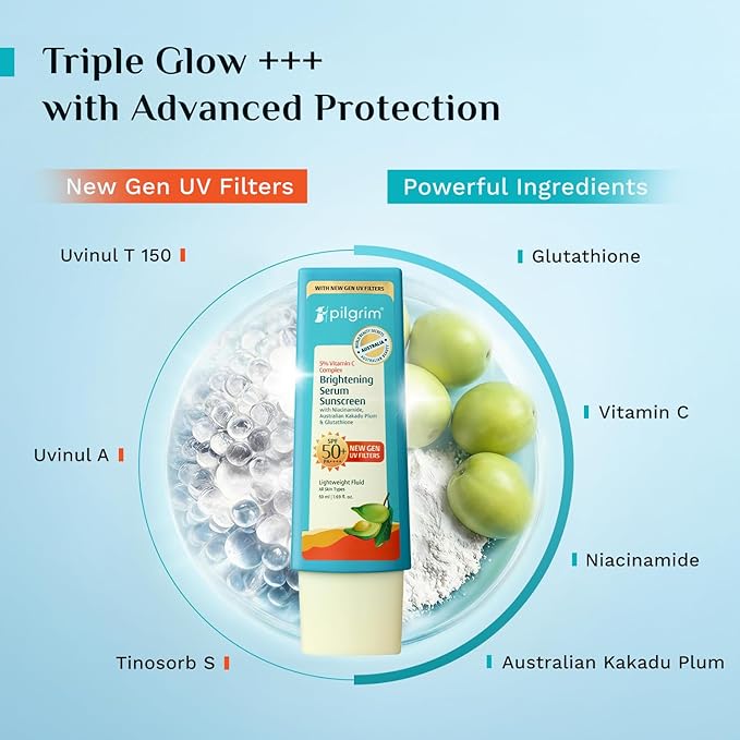 Pilgrim 5% Vitamin C Gel Sunscreen SPF 60 PA++++ | Ultra Light Broad Spectrum UVA UVB Protection with Kakadu Plum | Non Greasy Daily Face Sunscreen for All Skin Types | 1.52 Fl Oz (45ml)