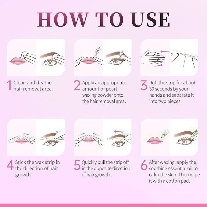 Beauty7 Pre-cut Wax Strips for At-Home Eyebrow, Lip, and Facial Hair Removal - 24 Strips with Pearl Powder and Essential Oil for Sensitive Skin