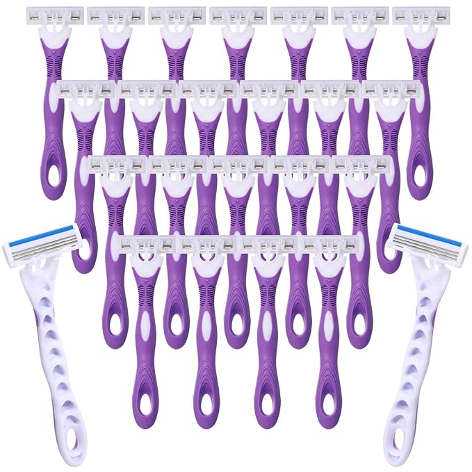 96 Count Women's Disposable Razors Bulk Purple 3 Blade Sensitive Skin Bikini Line Razor for Bathing Hotel Travel