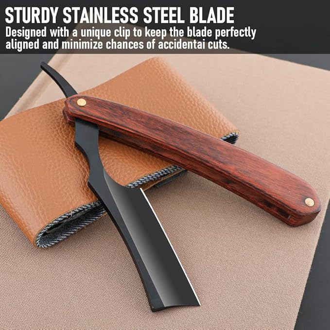 Straight Razor With Strope - Professional Straight Edge Barber Premium Stainless Steel Shaver With Shaving Strop for Men Home & Salon Grooming Using (NO.158)