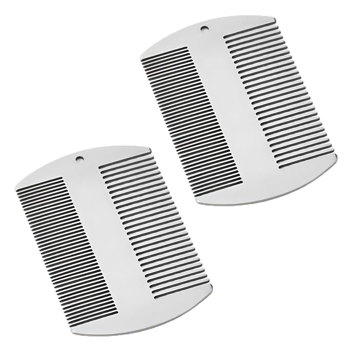 2 Pcs Metal Beard hair Comb for Men - Stainless Steel Pocket Mustache Comb, Dual Action Fine & Wide Teeth, Credit Card Size, Anti-Static, Lice Remover, Barber Styling - Silver