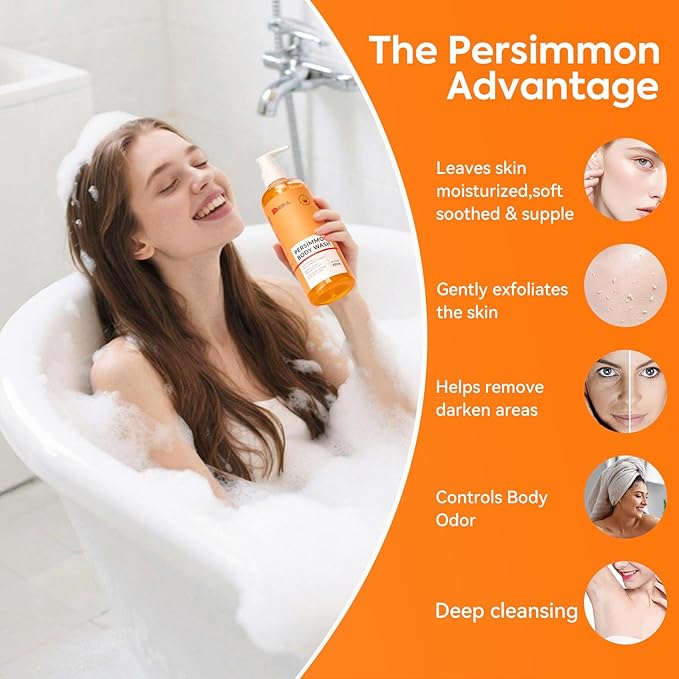 Persimmon Body Wash for Body Odor Control, Natural Deodorizing Soap for Underarms, Intimate Area & Smelly Feet, Deep Cleansing Odor Eliminator with Tea Tree, Family Safe 10 Fl Oz