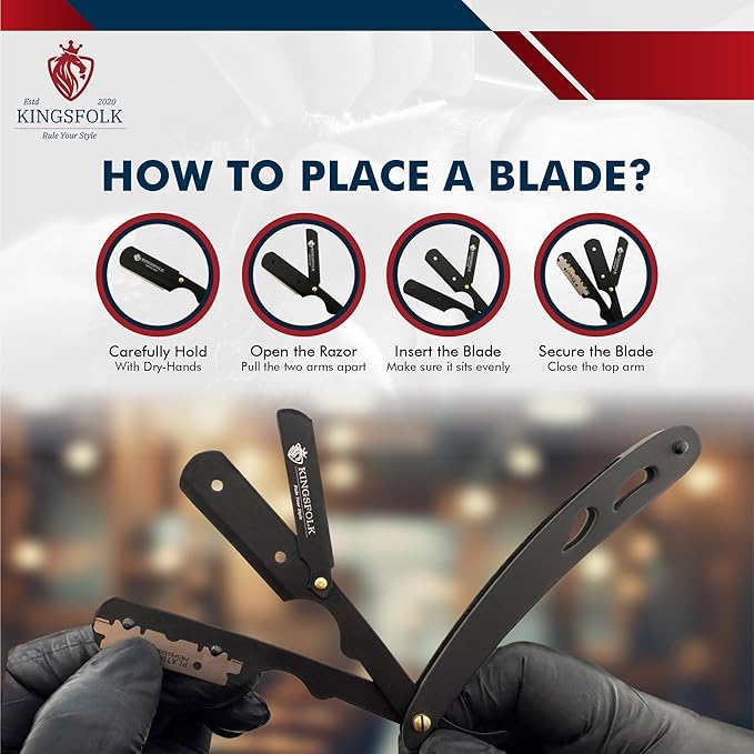 Professional Straight Razor Kit, Black Stainless Steel, with 100 Platinum Blades, Leather Pouch, Cleaning Cloth, Nitrile Gloves Ergonomic Design for Barbers and Home Grooming