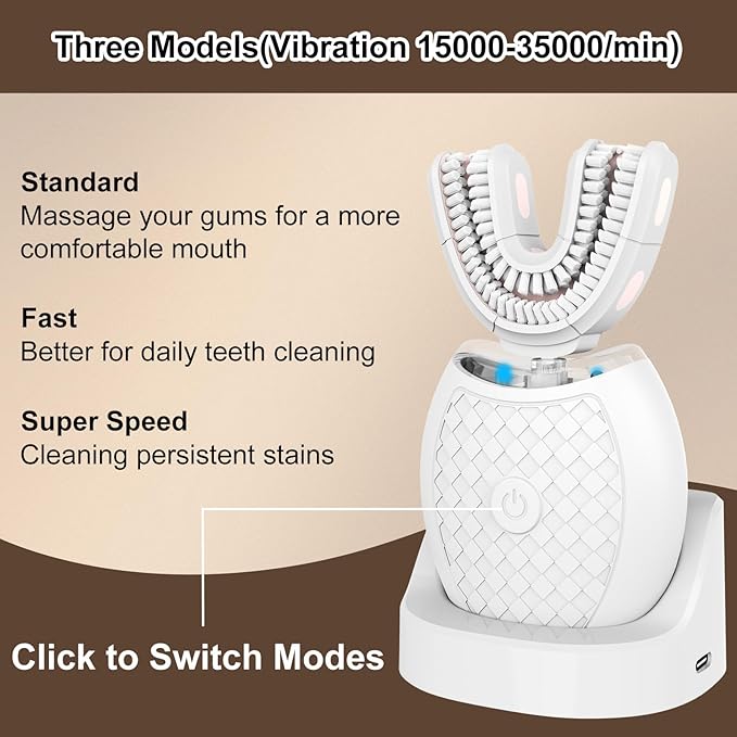 Electric U Shaped Toothbrush for Adult,360 Degree Automatic Cleaning, Ultrasonic Tooth Brush has 23760 Nylon Bristles and 3 Modes Standard, Fast, Ultra Fast(White)