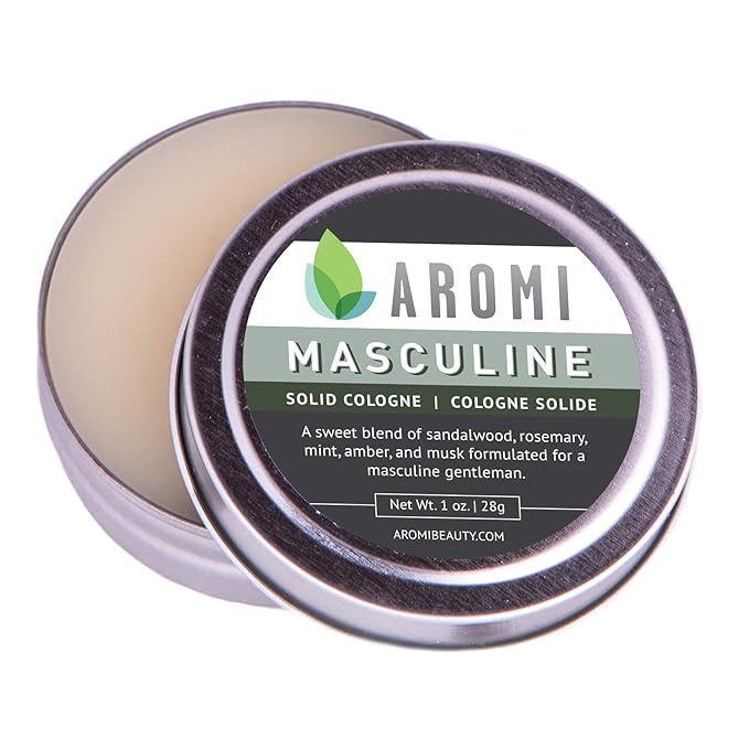 Aromi Solid Cologne for Men | Sweet Musky Fragrance, Powdery Scent, Wax-Based, Travel, Sandalwood, Small Men's Gift (Masculine)