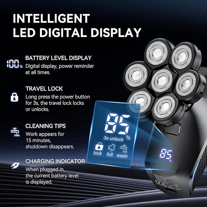 7D Head Shavers for Bald Men - 5 in 1 kensen Electric Head Hair Shaver, Head Electric Razor with Nose Hair & Beard Trimmer Cordless IPX6 Waterproof Wet Dry LED Display Travel Case (Black)