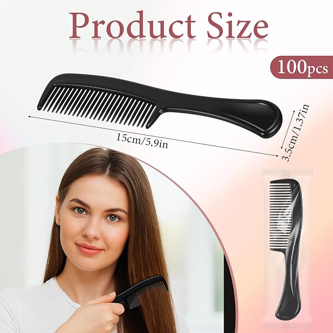 100 Pcs Bulk Hair Combs Individually Wrapped, Black Wide Tooth Combs for Women, Men, Homeless, Travel, Hotel, Shelter, Nursing Home, Charity
