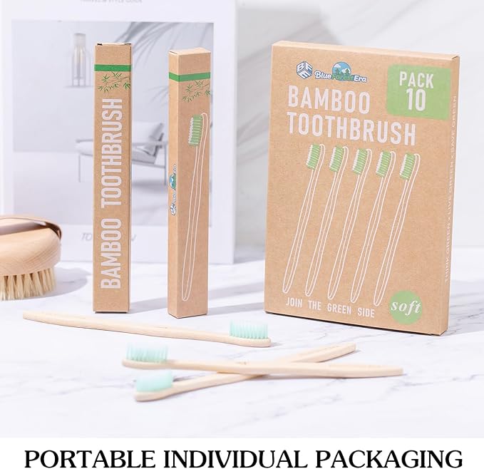 Bamboo Toothbrushes 10 Count Set, BPA Free Soft PBT Bristles, Natural Eco-Friendly Wooden Toothbrush, Organic Biodegradable Travel Tooth Brush for Adults