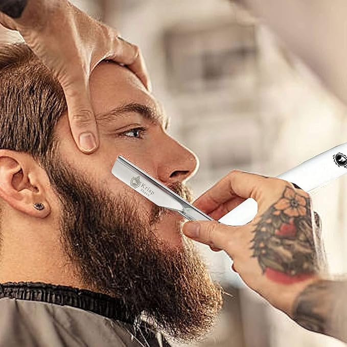 Professional Straight Razors For Men - Barber Razor Straight Edge Razor Kit For Close Shave - Beard Cut Throat Safety Razor Navajas Para Barbero Shavette - 10 Shaving Blades By Krisp Beauty White
