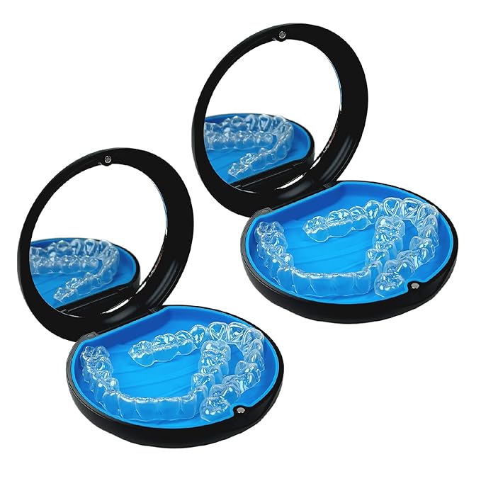 2 Pack Aligner Case with Mirror,Convenient Retainer Case for Invisalign Aligners, Night Guards, and Mouth Guards (2PCS Black Outside Blue Silicone)