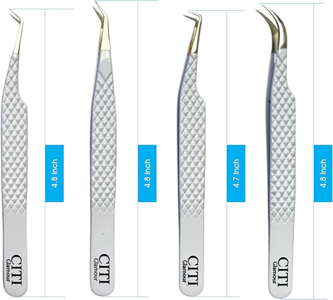 Lash Tweezers For Eyelash Extension set of 4 with Diamond Grip and Precise Fiber Tip For Volume,Mega Volume And Classic Lashes,Ideal for Lash Artist and at home use