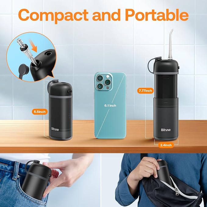 Bitvae P1 Water Dental Flosser, Travel Water Teeth Picks, Cordless Mini Water Cleaner Picks with Telescopic Water Tank, IPX7 Waterproof Flossing Cleaning Picks, Brace & Sensitive Teeth Care, Black