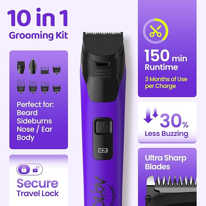 Electric Beard Trimmer for Men,Nose Hair Trimmer &Men‘s Electric Razor 10-in-1 Grooming Kit Cordless Shaver Gift-Ready for Men(Purple)