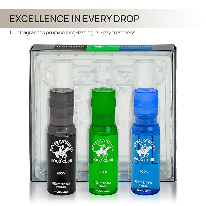 Beverly Hills Polo Club Men's Body Spray Collection Gift Set - 3 Distinct Luxury Designer Scents for Elevated Daily Confidence & All-Day Freshness, 3 x 3 oz