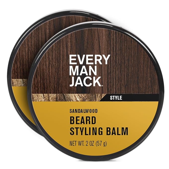 Every Man Jack Beard Styling Balm - Light Sandalwood Scent - Moisturize, Strengthen, & Style Your Beard - Medium Hold - Naturally Derived Ingredients like Candelilla Wax & Shea Butter - 2 oz (2 pack)