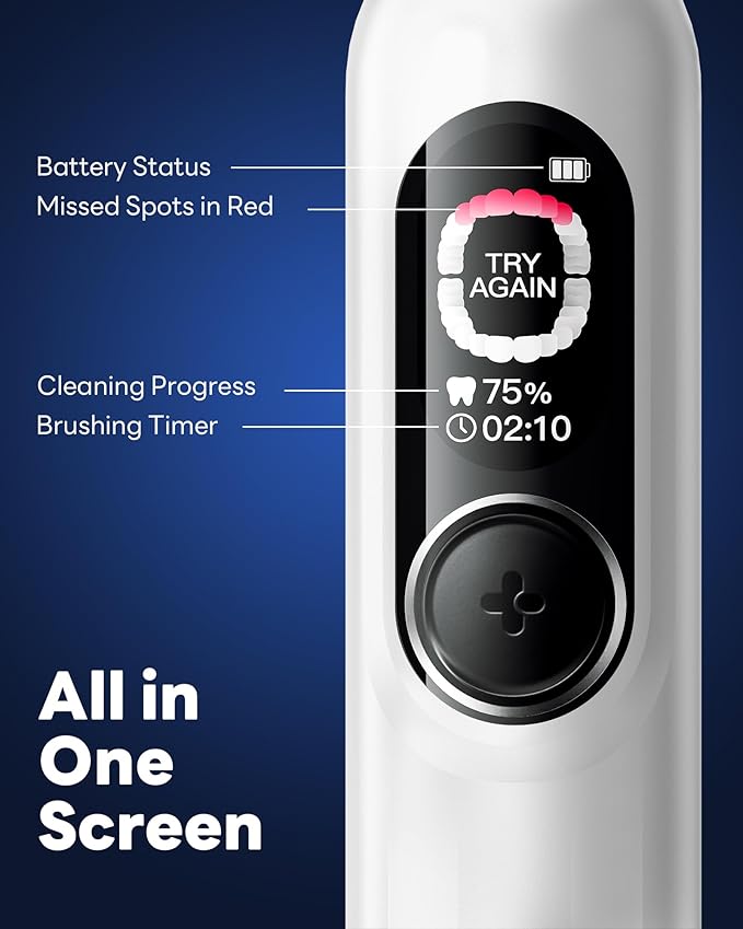 AI Electric Toothbrush with Smart Display for Adults Kids | 150-Day Rechargeable Toothbrush, Real-Time Map |3-Min Timer, Travel Case | Teens Sonic Toothbrush Gift (G5S White)
