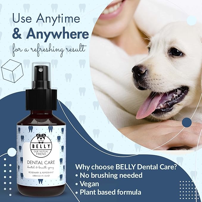 Belly Dog Breathe Freshener for Bad Breath - Fresh Mint - Eliminates Bad Breath, Plaque & Tartar Build-Up - No Rinse, No Brush - Dog Breath Spray with Aloe Vera and Grape Fruit - Made in Germany, 3oz