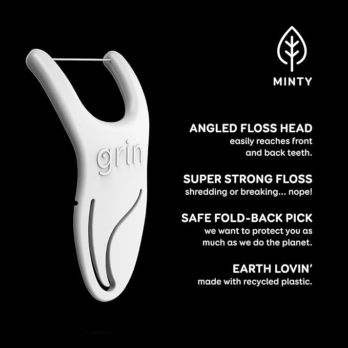 GRIN Molar Flosspyx, Floss Picks, 75 Count, Dental Flossers, Minty Flavor, Recycled Plastic, Great for Reaching Back Teeth, Slide Easily Between Teeth, Includes Safe Soft Fold-Back Tooth Pick