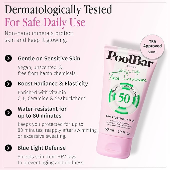 PoolBar Mineral Face Sunscreen Cream for Women and Men Sun Care, SPF 50, Hydrating Mineral, Vitamin C, E, and Ceramide, Non Scented Water Resistant Sunscreen, Blue Light Protection - 50ml