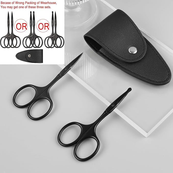 Eyebrow & Rounded Tips Nose Hair Scissors with Carrying Pouch for Men Women,Stainless Steel Small Scissors for Grooming Brow, Beard, Mustache, Eyelashes, Ear Hair,Hair Cutting (Black)