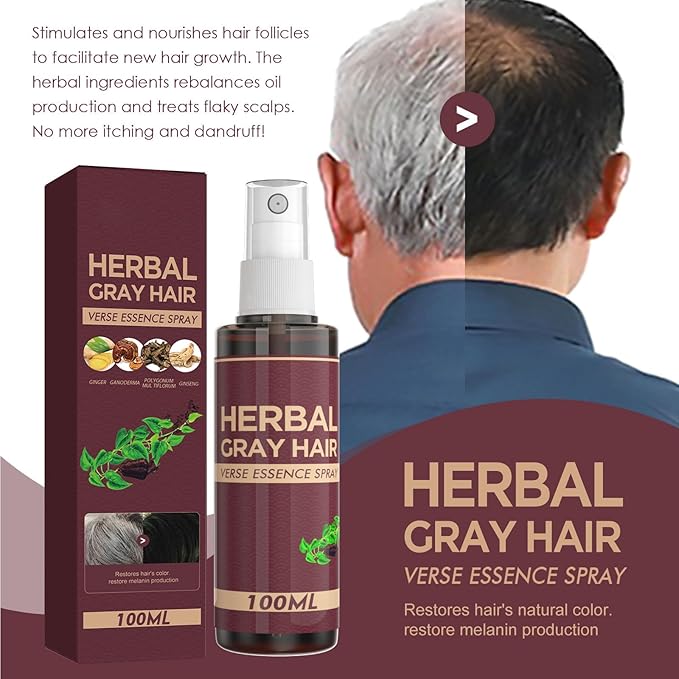 100ml Herbal Hair Tonic Spray for Gray Hair - Turns Gray to Black, Promotes Hair Regrowth & Reduces Dandruff - Natural Scalp Treatment with Ginseng & He Shou Wu