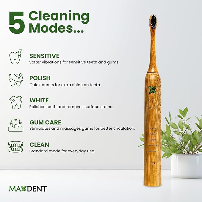 Rechargeable Electric Toothbrush, Soft Bristle Adult Oral Care with 3 Bamboo Replacement Heads, Electric Toothbrush for Adults, Sustainable Rechargeable Dental Hygiene