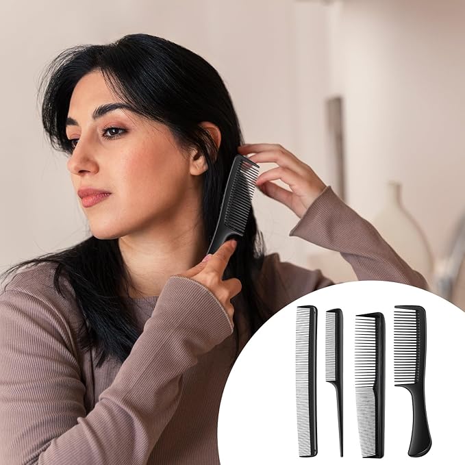 4 PCS Professional Black Combs Set for Women, Stylist Rat Tail Mens Beard Mustache Combs Fine Tooth for All Hair Types, Premium Hair Comb for Teasing and Parting, Everyday Styling