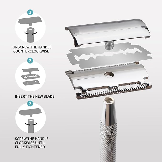 Gearhub Double Edge Safety Razor Reusable Stainless Metal Wet Shaving Razor with 10 Swedish Platinum Blades for Men Women Barber Bikini Armpit Hair, Silver GRB2D
