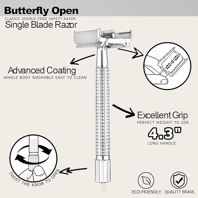 WEISHI Butterfly Open Double Edge Safety Razor for Men, Chrome Long Handle with 5 Stainless Razor Blades Included, Reusable Wet Shave Tool for Smooth, Close Shave