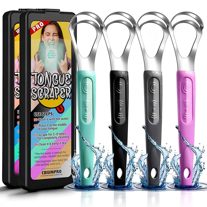 Cbiumpro 4-Pack Tongue Scraper for Kids & Adults, Stainless Steel Tongue Cleaner with Travel Case, Reduce Bad Breath